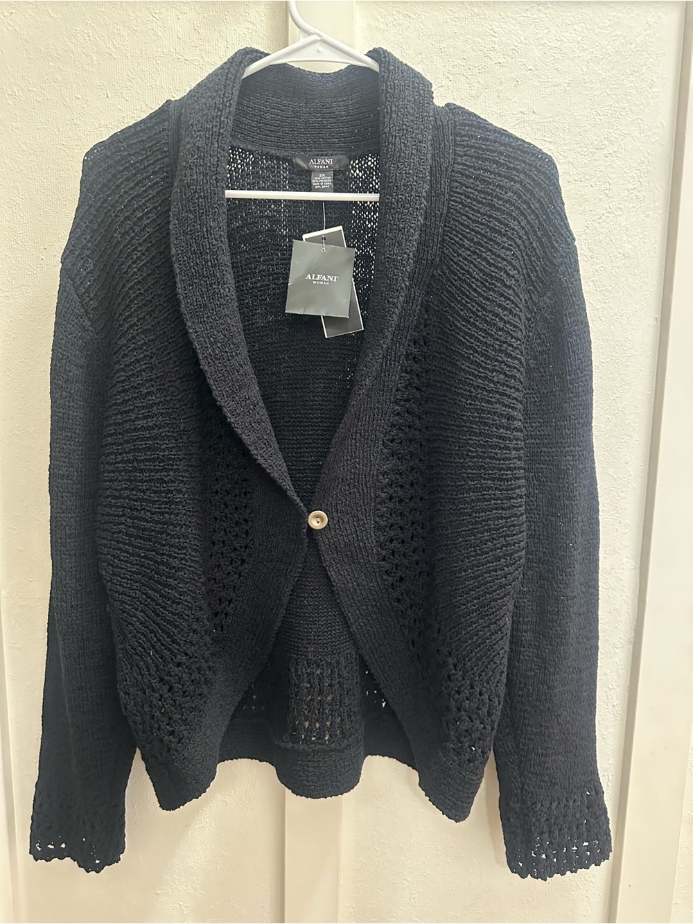 Alfani Black Open-Knit Shawl Collar Cardigan with Single Button